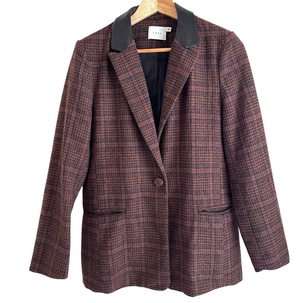 Lush Brown Tweed Wool Blend Faux Leather Collar One Button Preppy Blazer